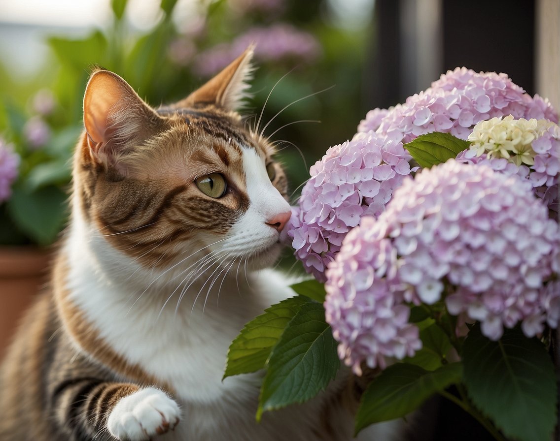 A cat sniffs a hydrangea, its paw reaching out to touch the vibrant blooms