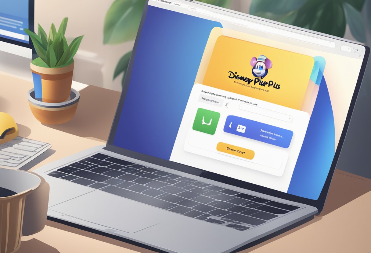 A computer screen with the DisneyPlus website open, showing the login page with a username and password input fields, and a "begin" button