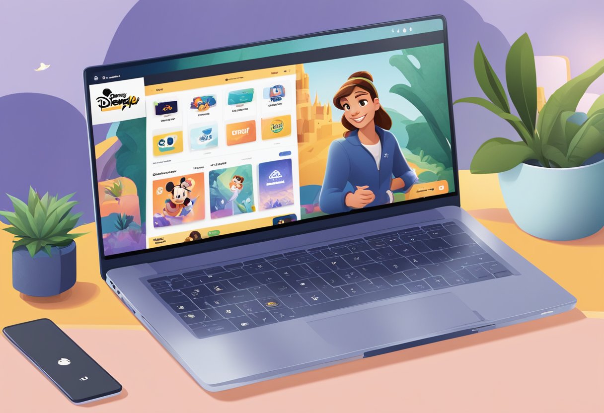 A laptop displaying disneyplus.com with various subscription plans and pricing options