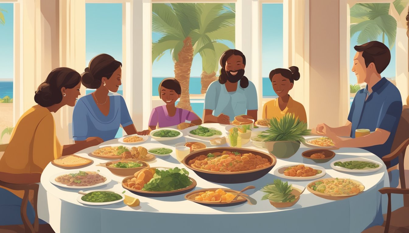 A table set with traditional Passover foods, surrounded by family members in a warm, sunlit room. Palm trees and a pool visible through the window