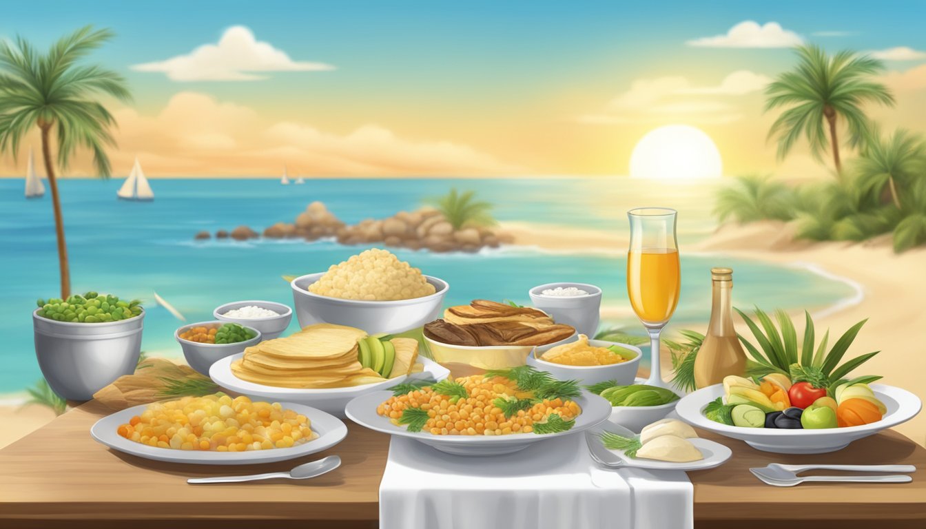 A table set with traditional Passover foods, surrounded by palm trees and a warm, sunny beach in the background