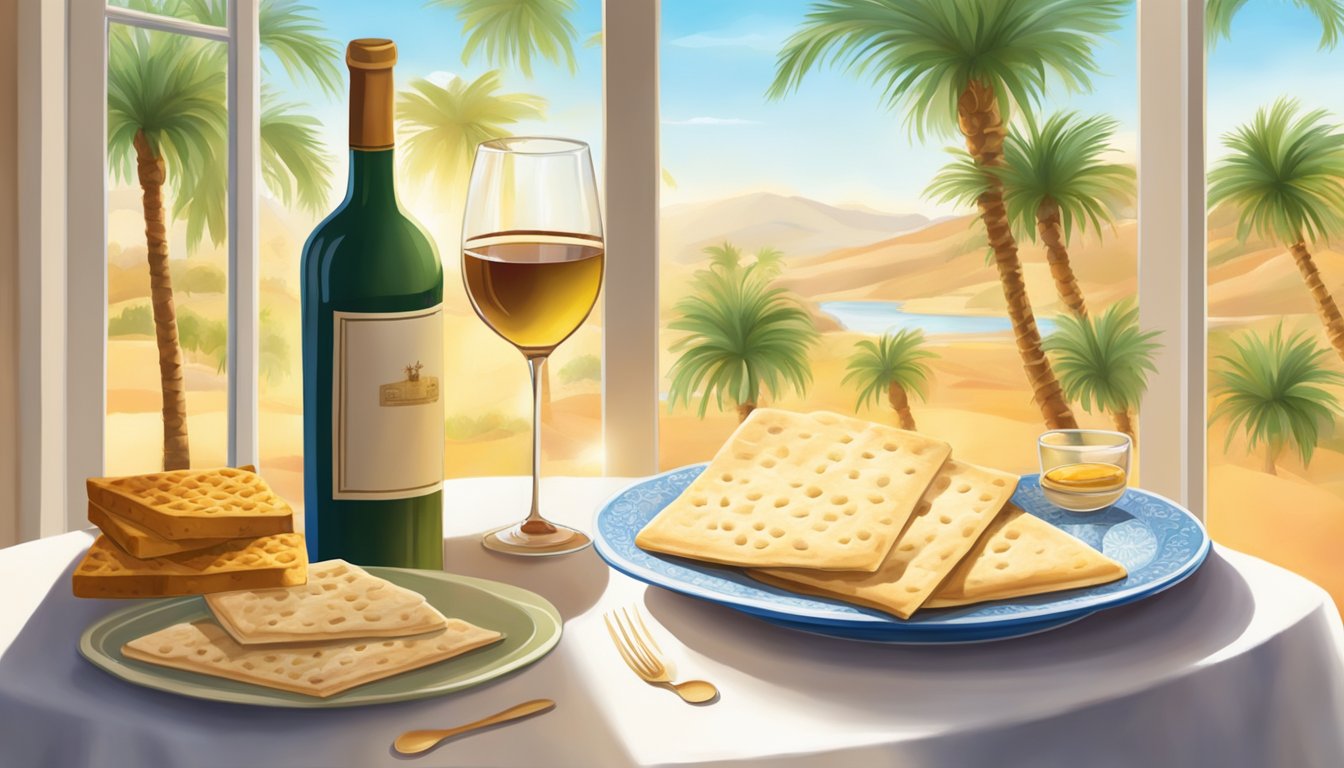 A table set with matzah, wine, and symbolic foods. Palm trees sway outside the window. Sunlight streams in, casting a warm glow