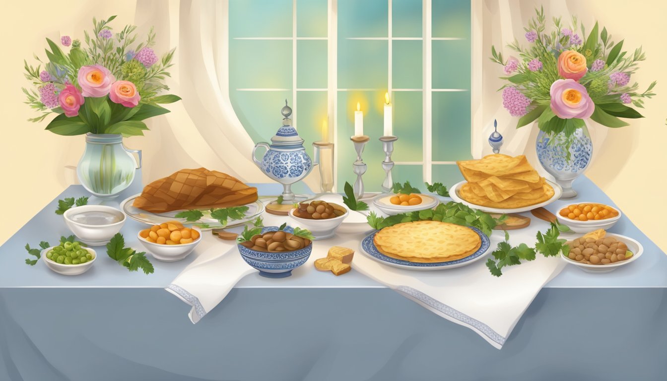 A festive Passover table set with traditional foods and symbolic items. Decorated with flowers and candles, creating a warm and inviting atmosphere