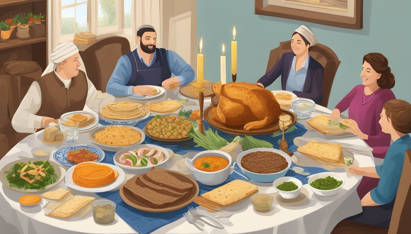 A beautifully set dining table with traditional Passover foods, including matzo, brisket, and gefilte fish. A family gathers around, enjoying the holiday meal