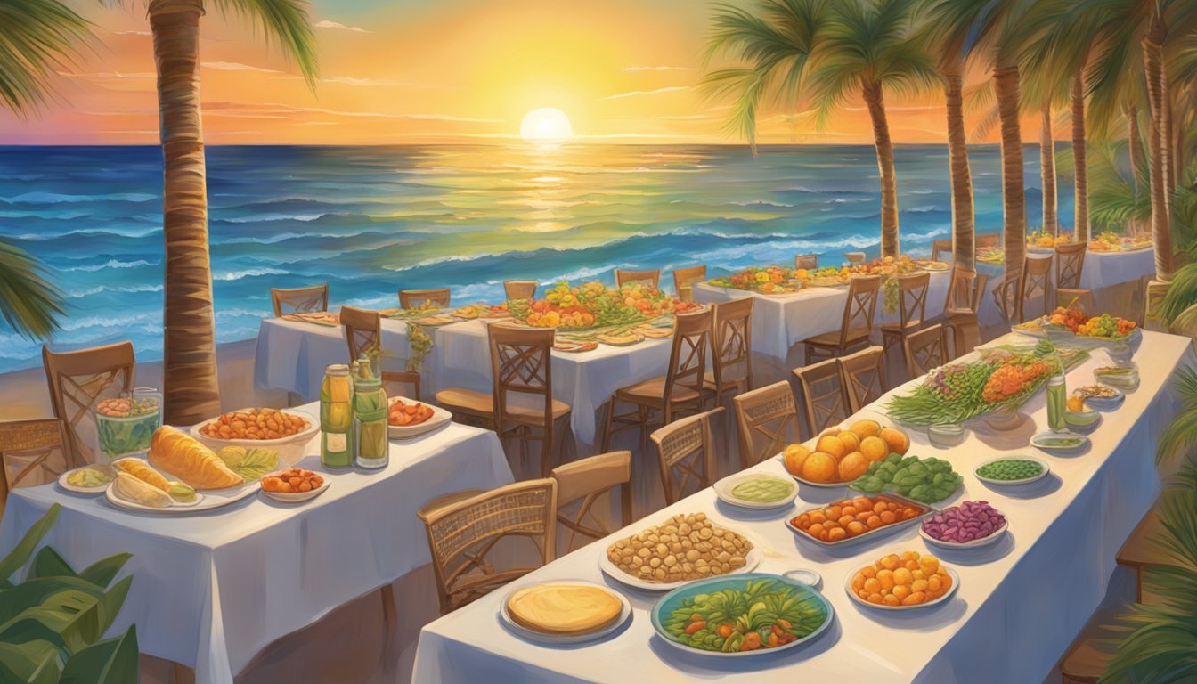 Palm trees sway in the warm breeze as families gather for Passover in South Florida. A colorful table is set with traditional foods, while the sun sets over the ocean in the background