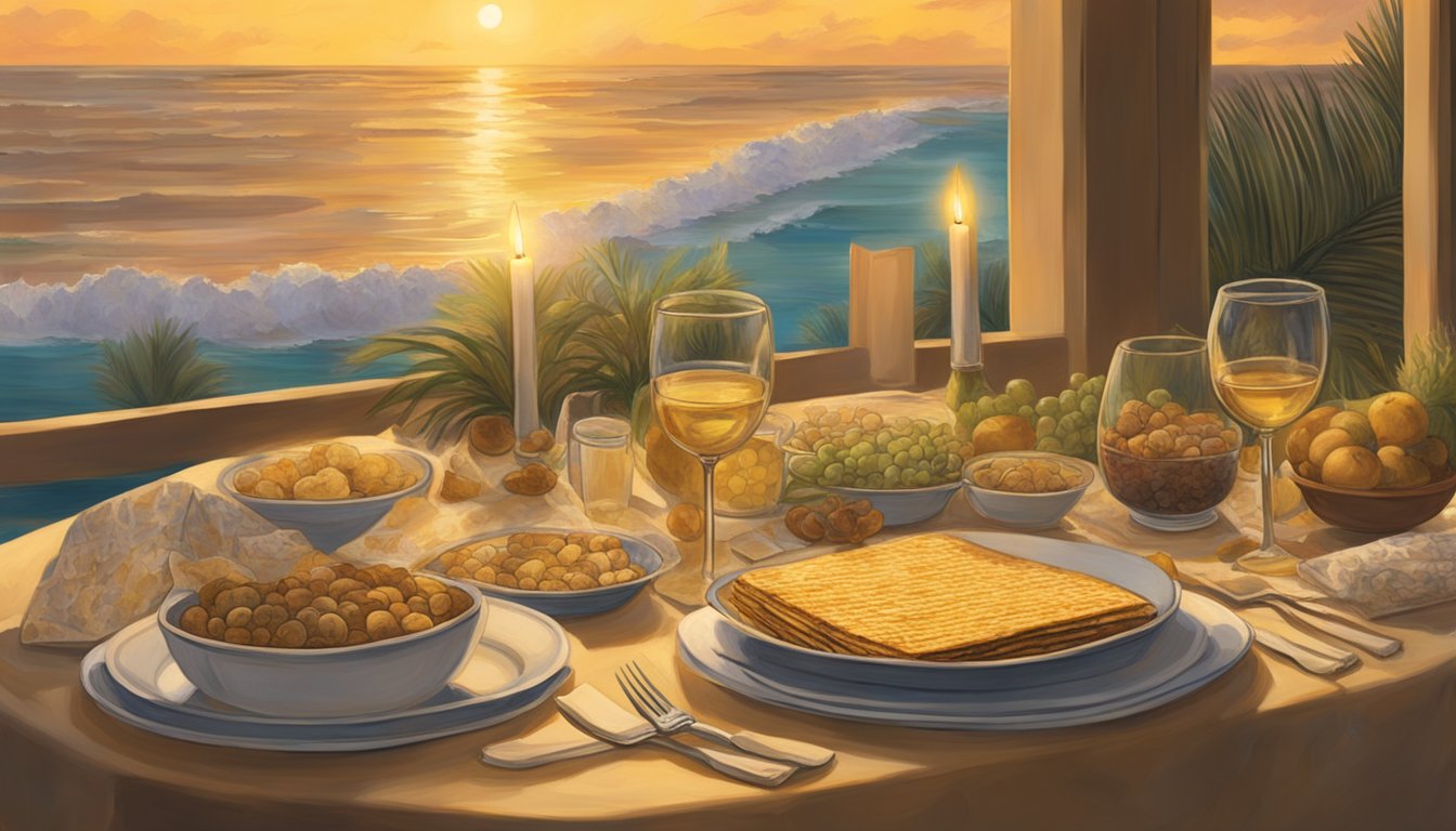 The table is littered with half-eaten matzo and remnants of charoset. Empty wine glasses and scattered Haggadahs hint at a lively Seder just concluded. Outside, the warm Florida evening casts a golden glow over the palm
