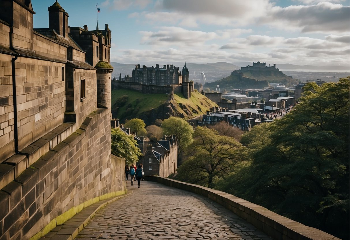 Edinburgh's castle overlooks the city, nestled among cobblestone streets and historic buildings. The bustling atmosphere and well-lit streets create a sense of safety for solo female travelers