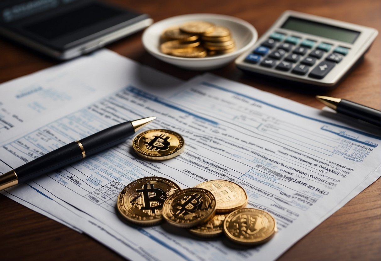 A stack of cryptocurrency coins and a tax form on a desk. A calculator and pen sit nearby, suggesting the need for careful financial planning