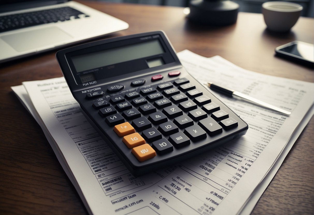 A calculator sits on a desk, surrounded by charts and graphs showing gains and losses from cryptocurrency investments. A tax form is partially filled out, with numbers being inputted
