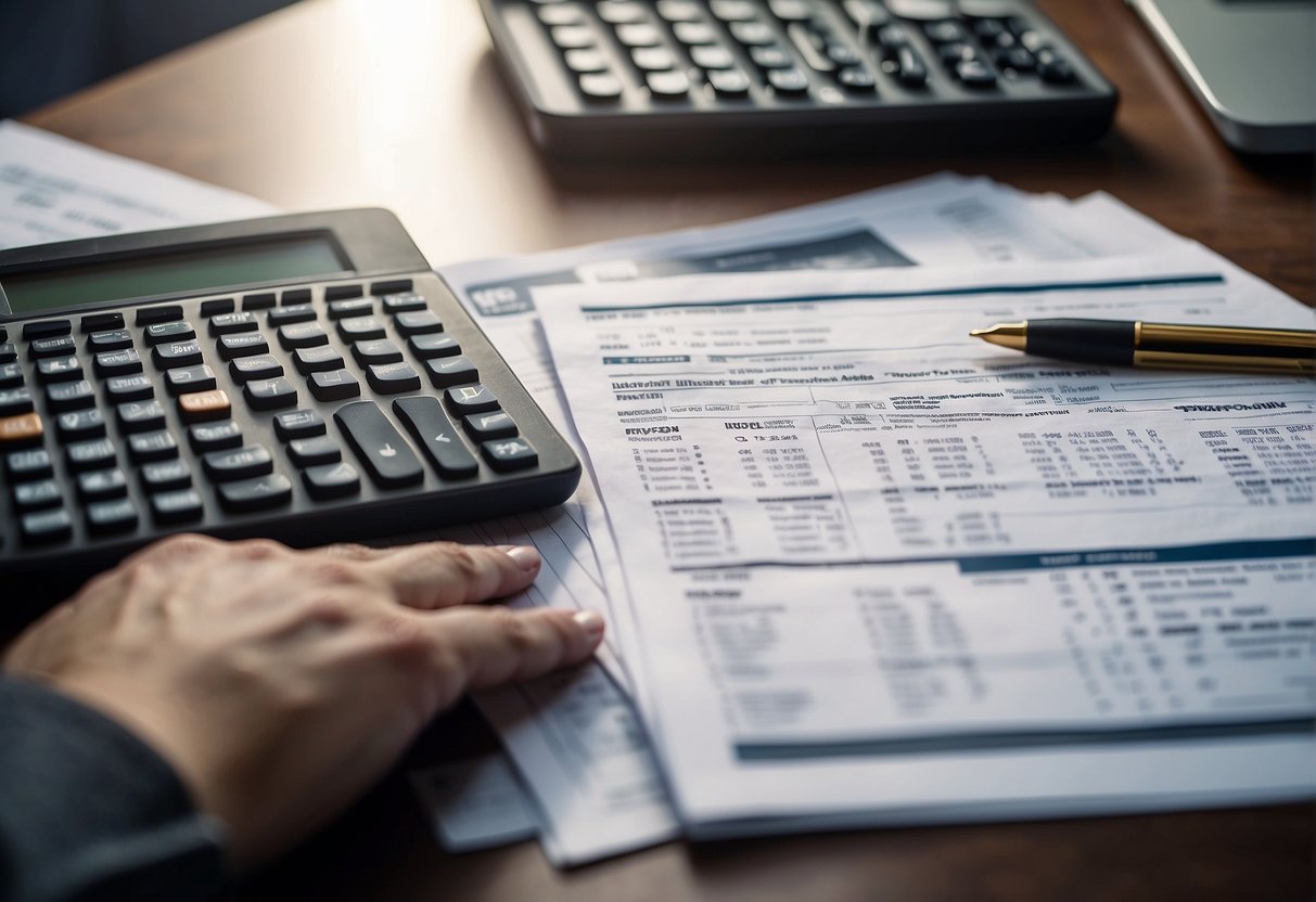 A stack of cryptocurrency charts and tax forms on a desk, with a calculator and pen nearby. A look of concern on the face of a person reading through the documents