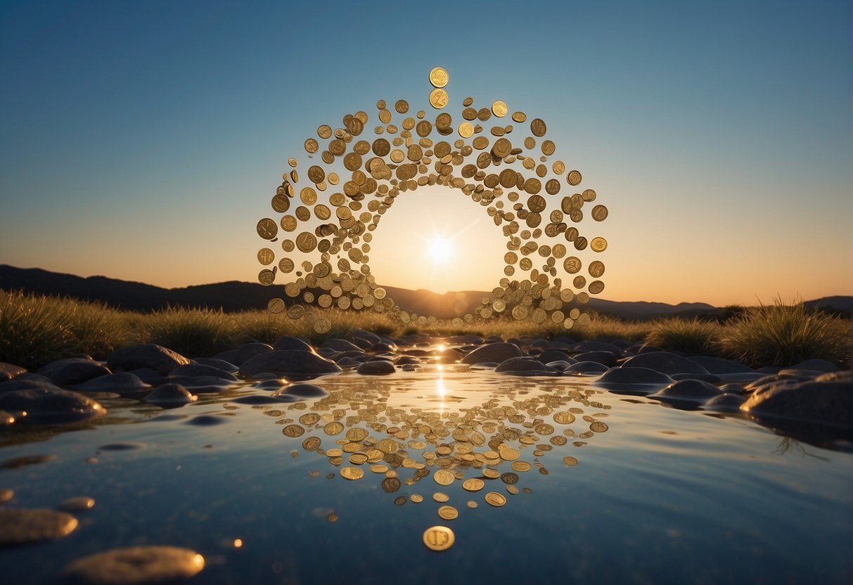 A serene landscape with a clear blue sky and a rising sun, surrounded by digital currency symbols floating in the air