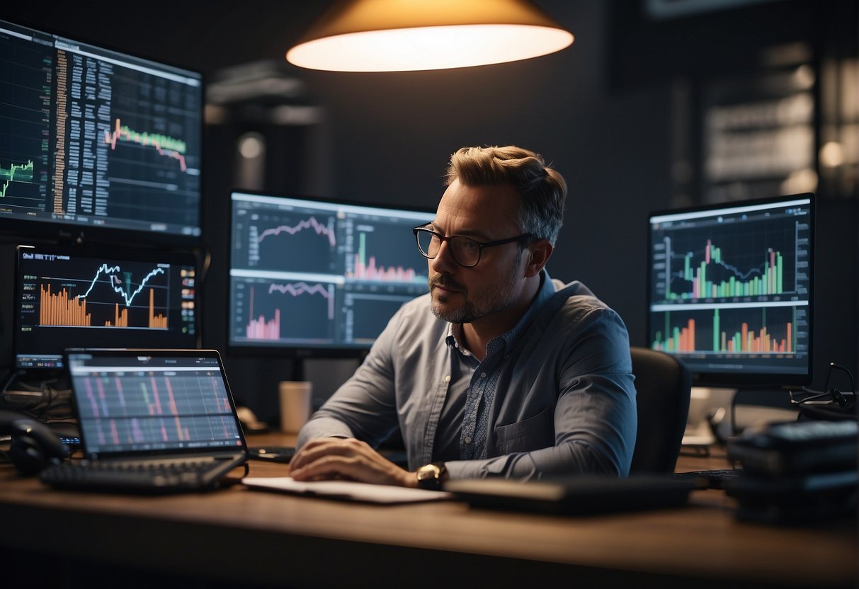A person sitting at a desk, surrounded by charts and graphs, contemplating the best strategy for long-term cryptocurrency investing