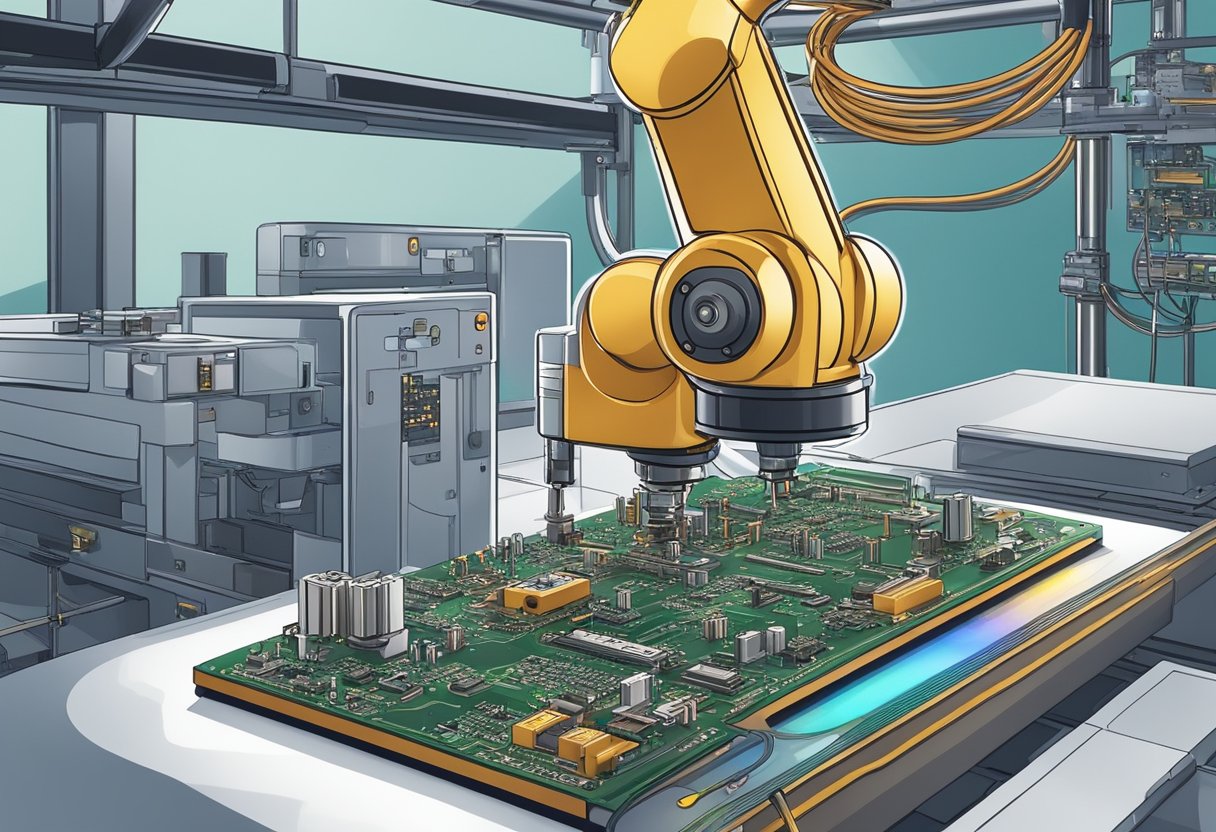PCB components being soldered onto a circuit board by a robotic arm in a manufacturing facility