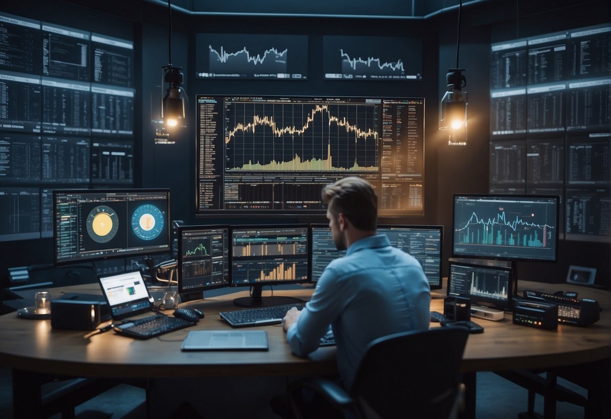 A person researching cryptocurrency trends and market analysis techniques, surrounded by charts, graphs, and financial data