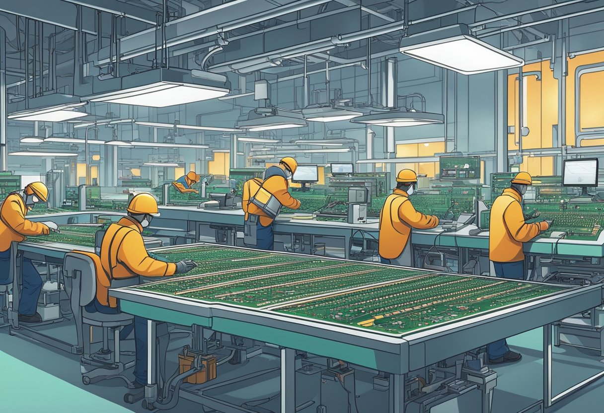 Workers assemble circuit boards in a brightly lit factory, surrounded by machinery and equipment. Components are carefully placed and soldered onto the boards with precision