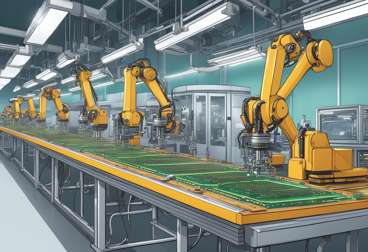 An assembly line of PCB components being soldered onto circuit boards by robotic arms in a modern factory setting