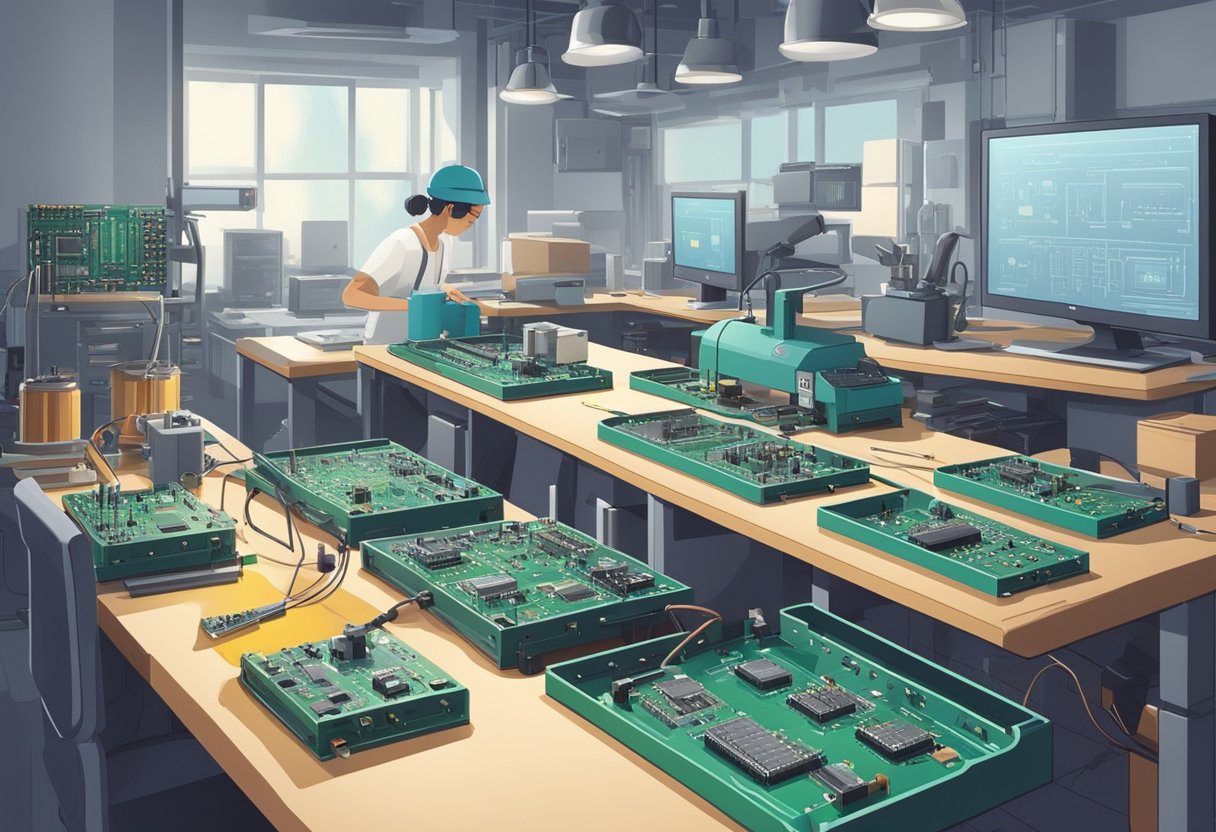 Small circuit boards being assembled with precision tools and machinery in a clean, well-lit workspace