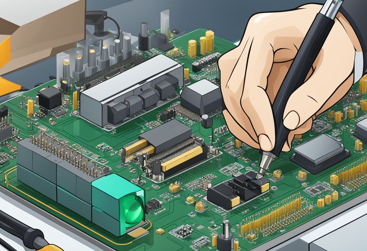 Components are carefully placed on a PCB. Soldering iron joins them. Inspection ensures quality