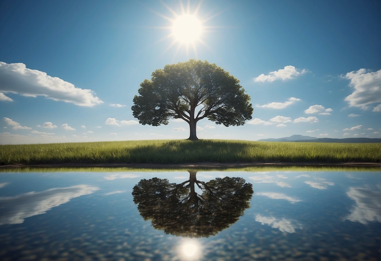A serene landscape with a clear blue sky, a calm sea, and a lone tree symbolizing stability and growth, with a subtle hint of digital currency symbols in the background