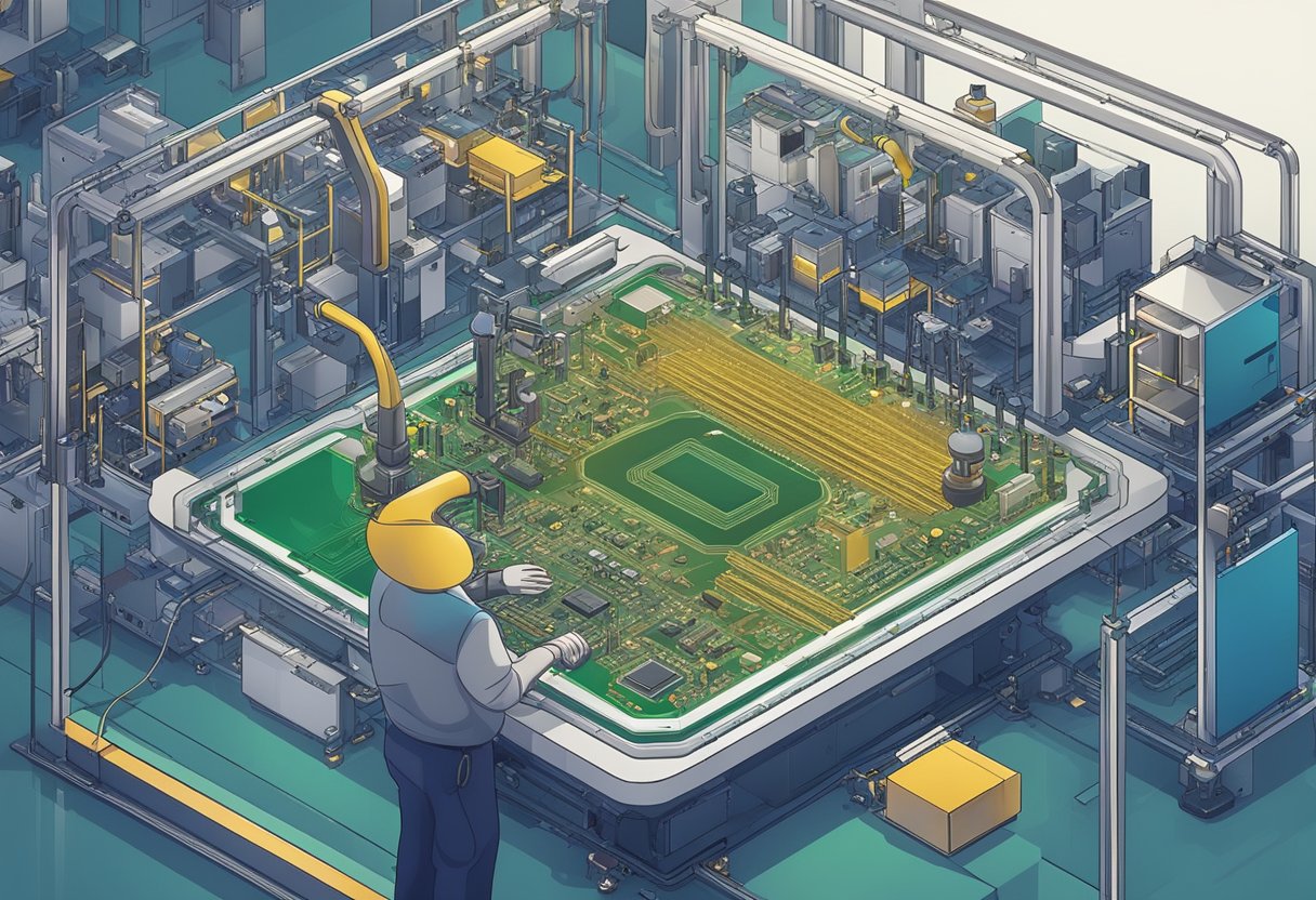 PCB components being assembled onto a circuit board by automated machines