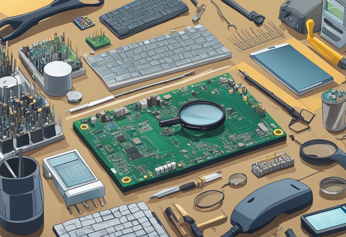 PCB components scattered on a cluttered workbench, with a magnifying glass and soldering iron nearby. A computer screen displays a list of PCB assembly providers