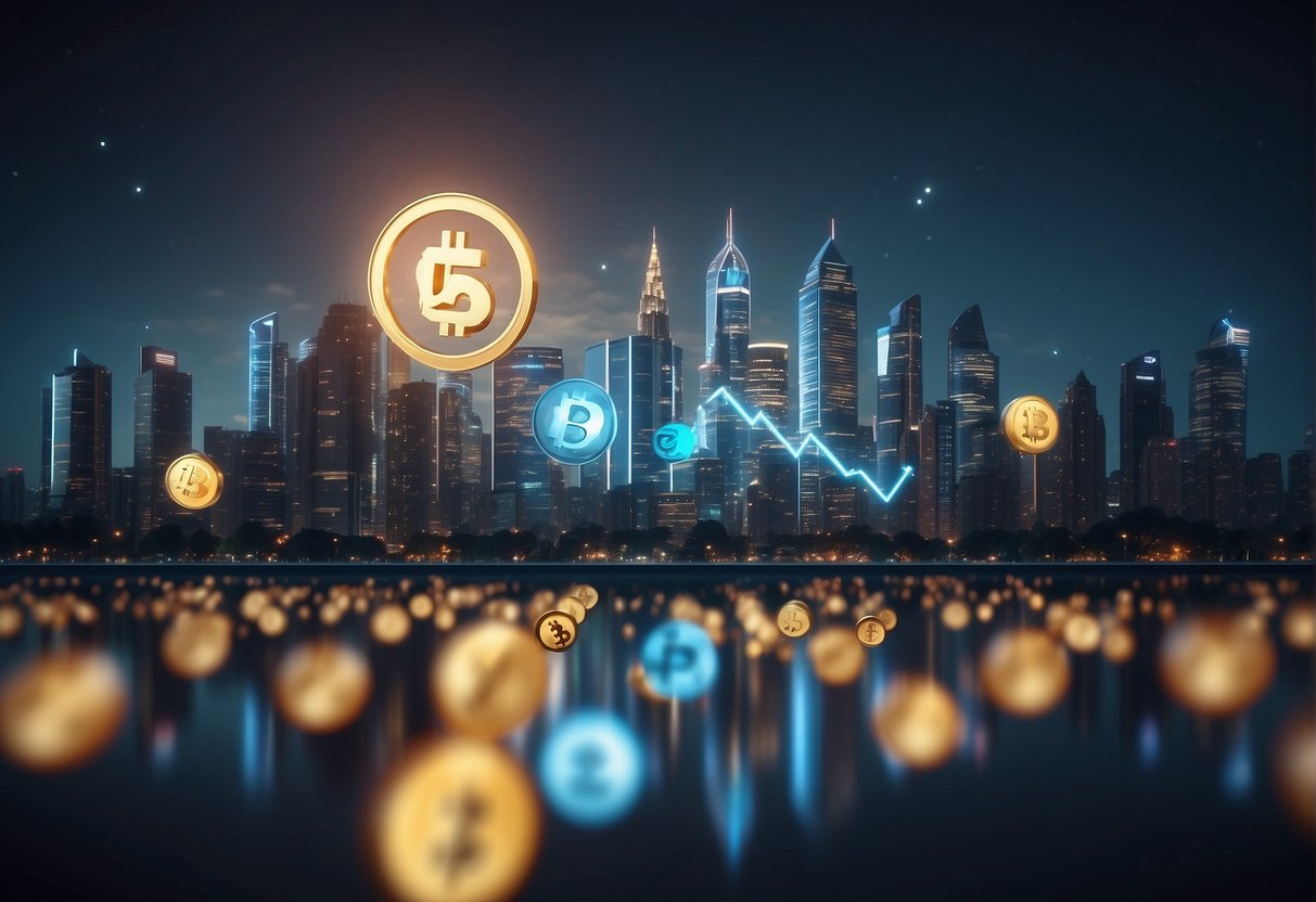 A futuristic city skyline with digital currency symbols floating above, showcasing the evolution of crypto technology