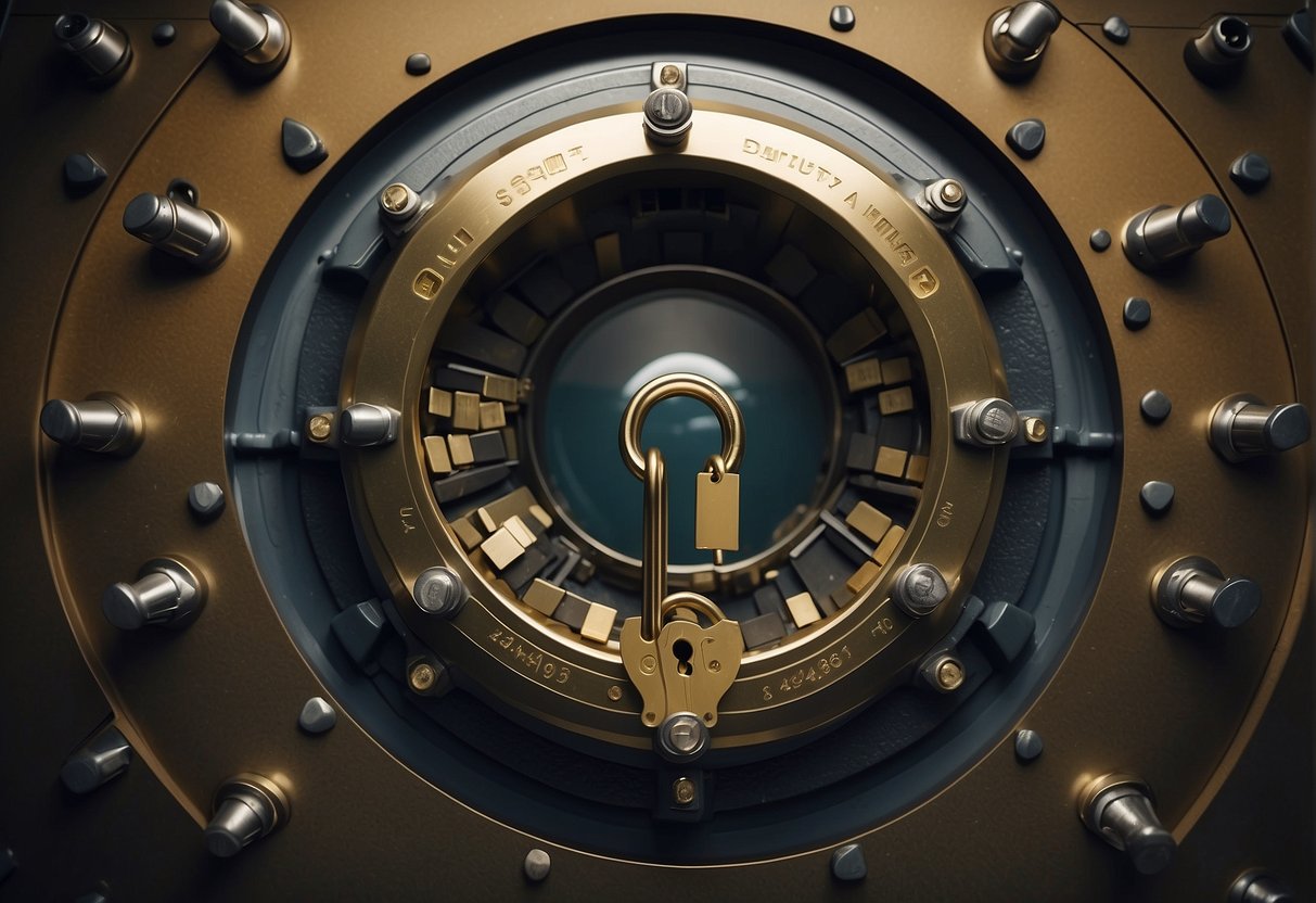 A secure vault with a padlocked door, surrounded by regulatory documents and security cameras, symbolizing the need for careful consideration in long-term cryptocurrency investing