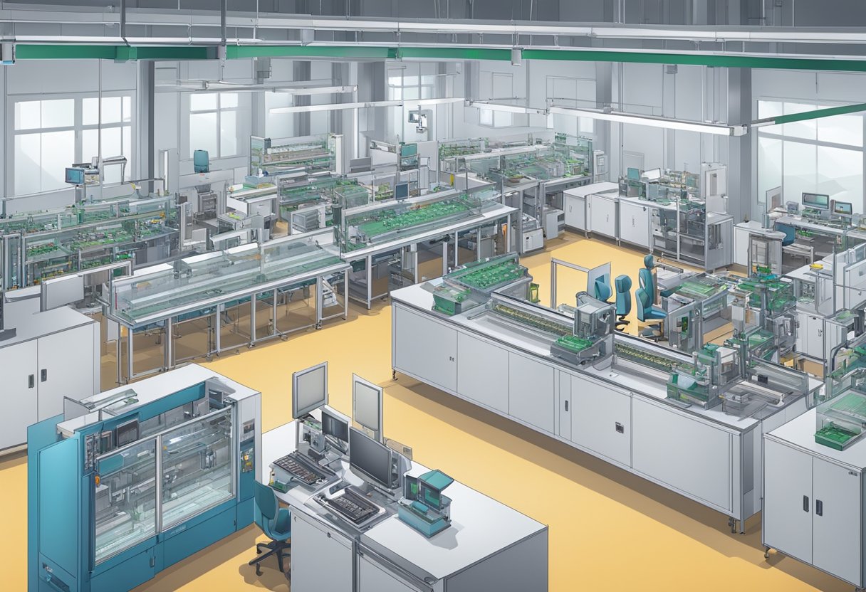Multiple PCB assembly machines and equipment arranged in a clean and organized manufacturing facility
