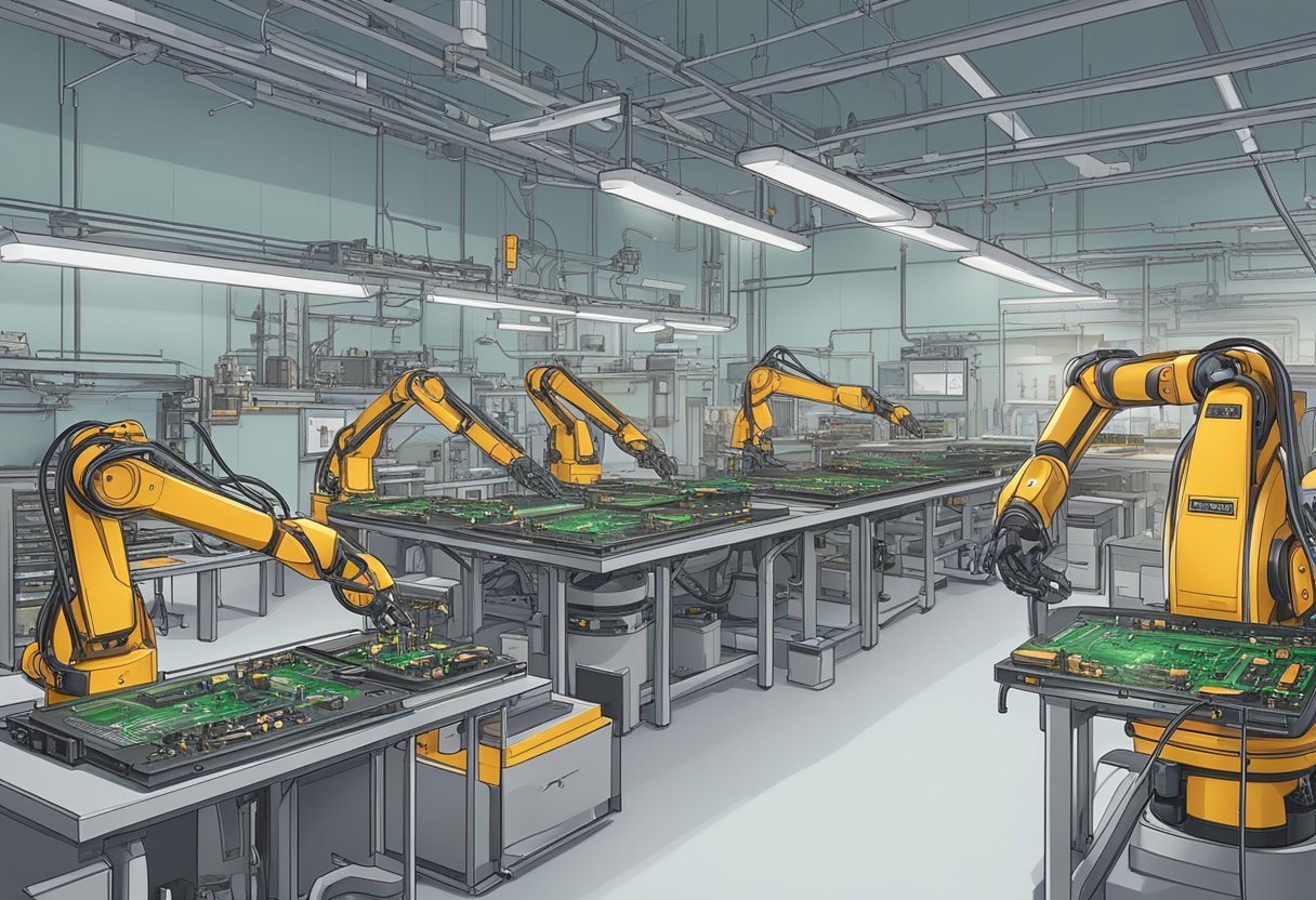 Robot arms soldering circuit boards in a small-scale manufacturing facility