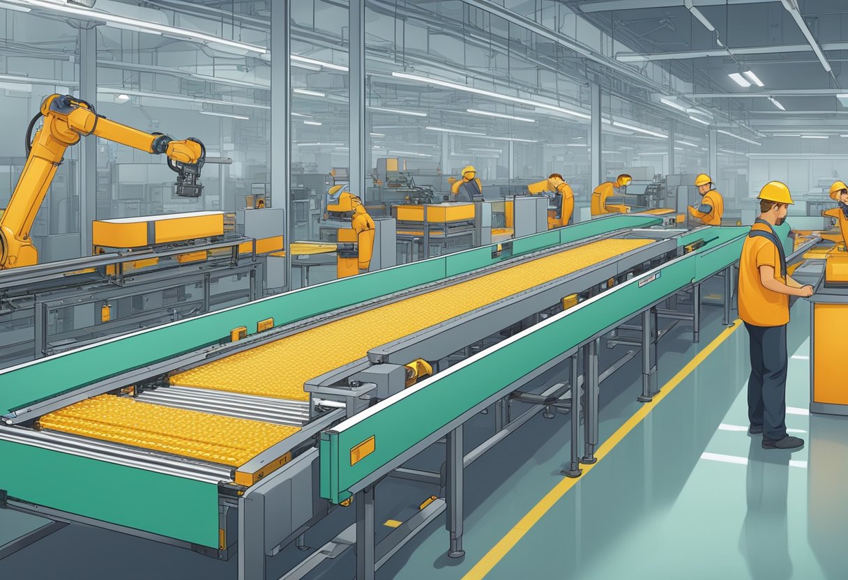 A conveyor belt moves PCBs through a factory. Robotic arms solder components onto the boards. Workers inspect and package the finished products