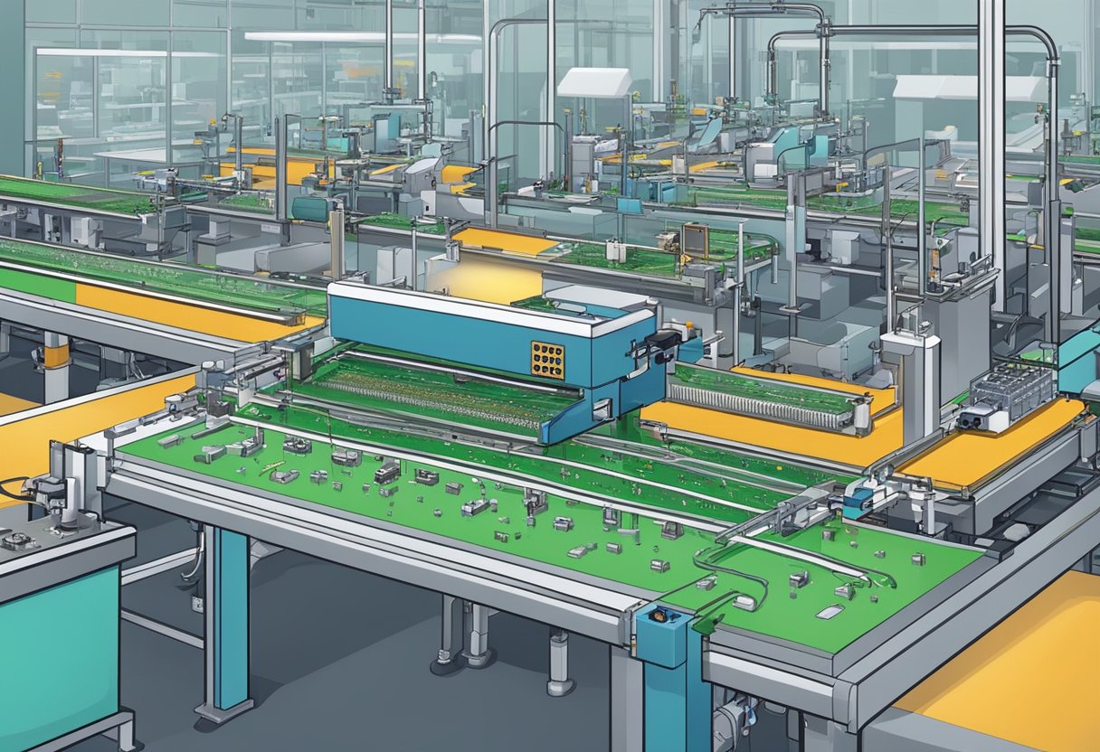 PCB components, soldering equipment, and assembly line conveyors in a factory setting