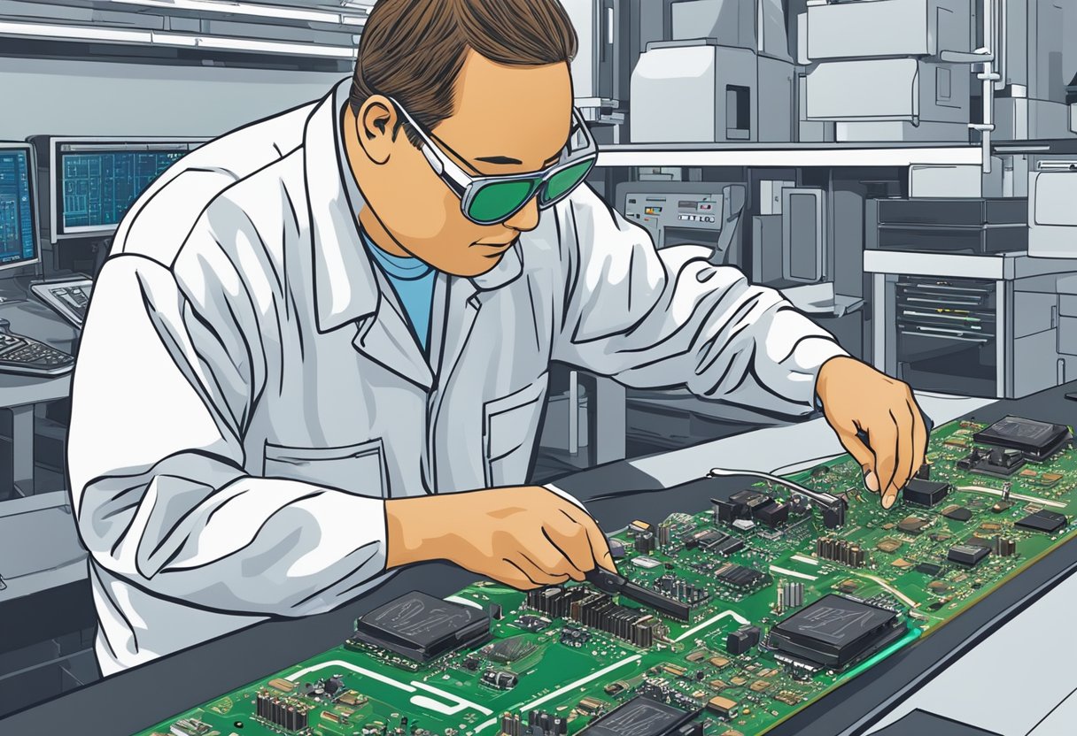 A technician soldering components onto a printed circuit board at a California assembly facility