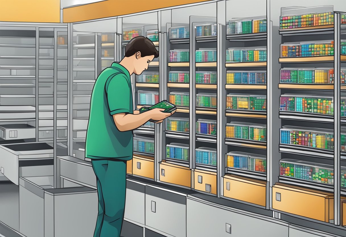 A person selecting electronic components from shelves for PCB assembly