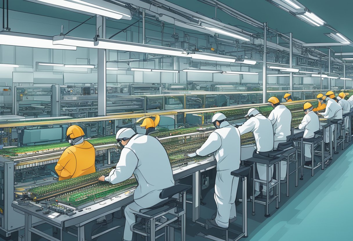 An assembly line of PCB components being meticulously placed and soldered by skilled technicians in a well-lit, organized facility