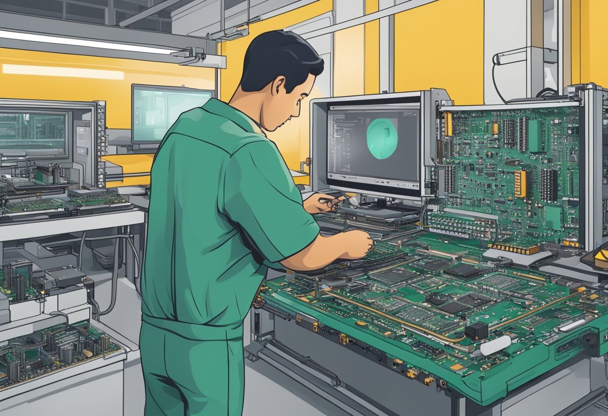 A technician assembles PCBs in a Mexican factory, surrounded by machinery and electronic components