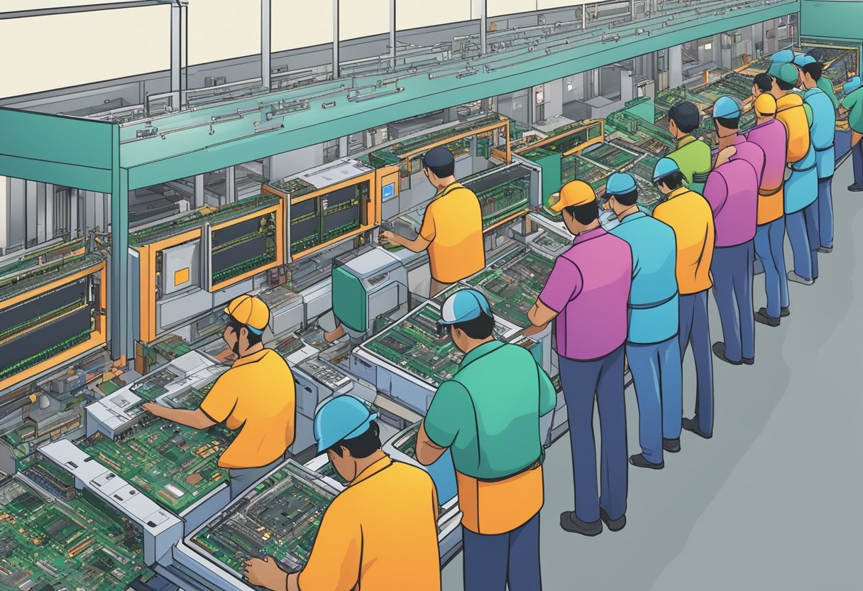 A bustling PCB assembly factory in Mexico with rows of machines, workers in colorful uniforms, and stacks of circuit boards ready for production