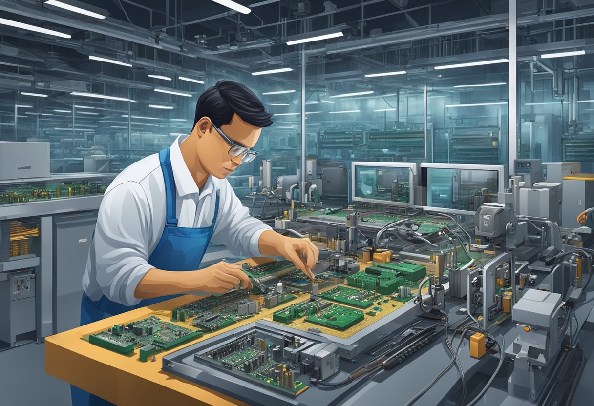 A technician carefully places electronic components onto a printed circuit board, surrounded by advanced machinery and tools in a modern manufacturing facility in Mexico