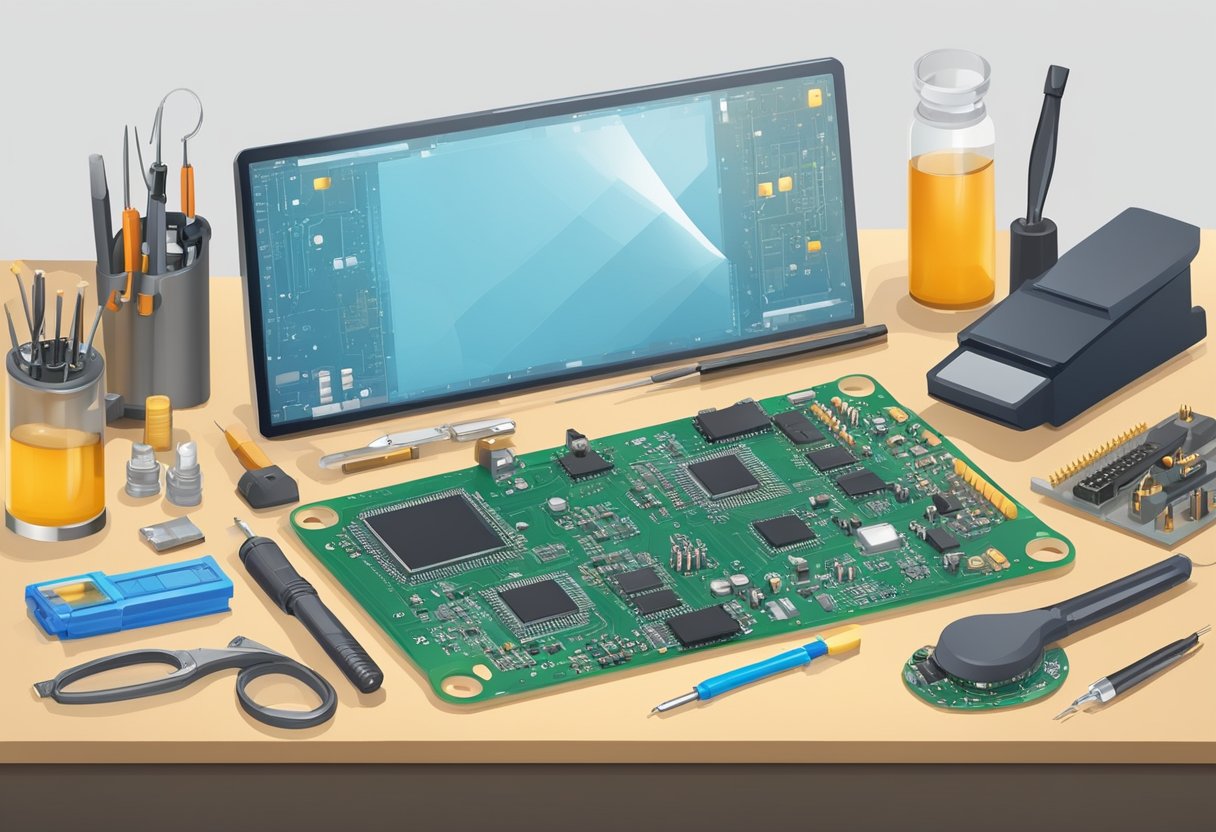 Advanced PCB components arranged on a workbench, soldering iron and flux nearby, precision tools and magnifying glass ready for assembly