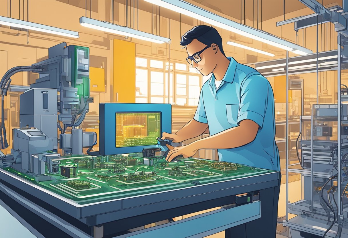 A technician assembles intricate PCB components using advanced equipment in a clean, well-lit environment