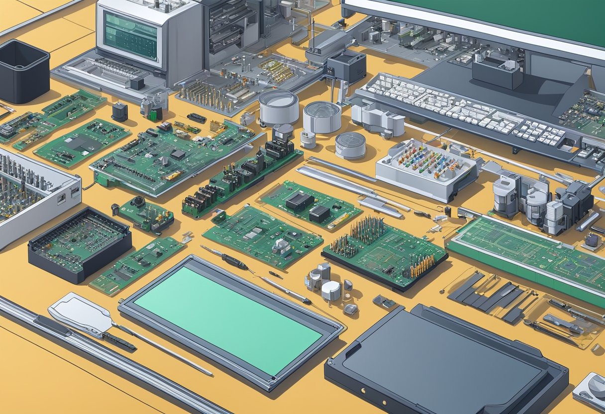 Aerospace PCB components arranged on a clean, well-lit assembly table. Soldering equipment, precision tools, and electronic components neatly organized nearby
