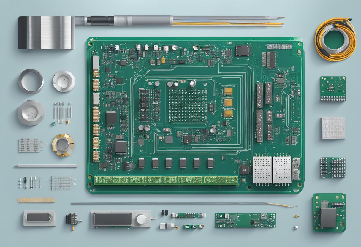An aerospace PCB assembly with various electronic components and materials laid out on a workbench, ready to be soldered and assembled