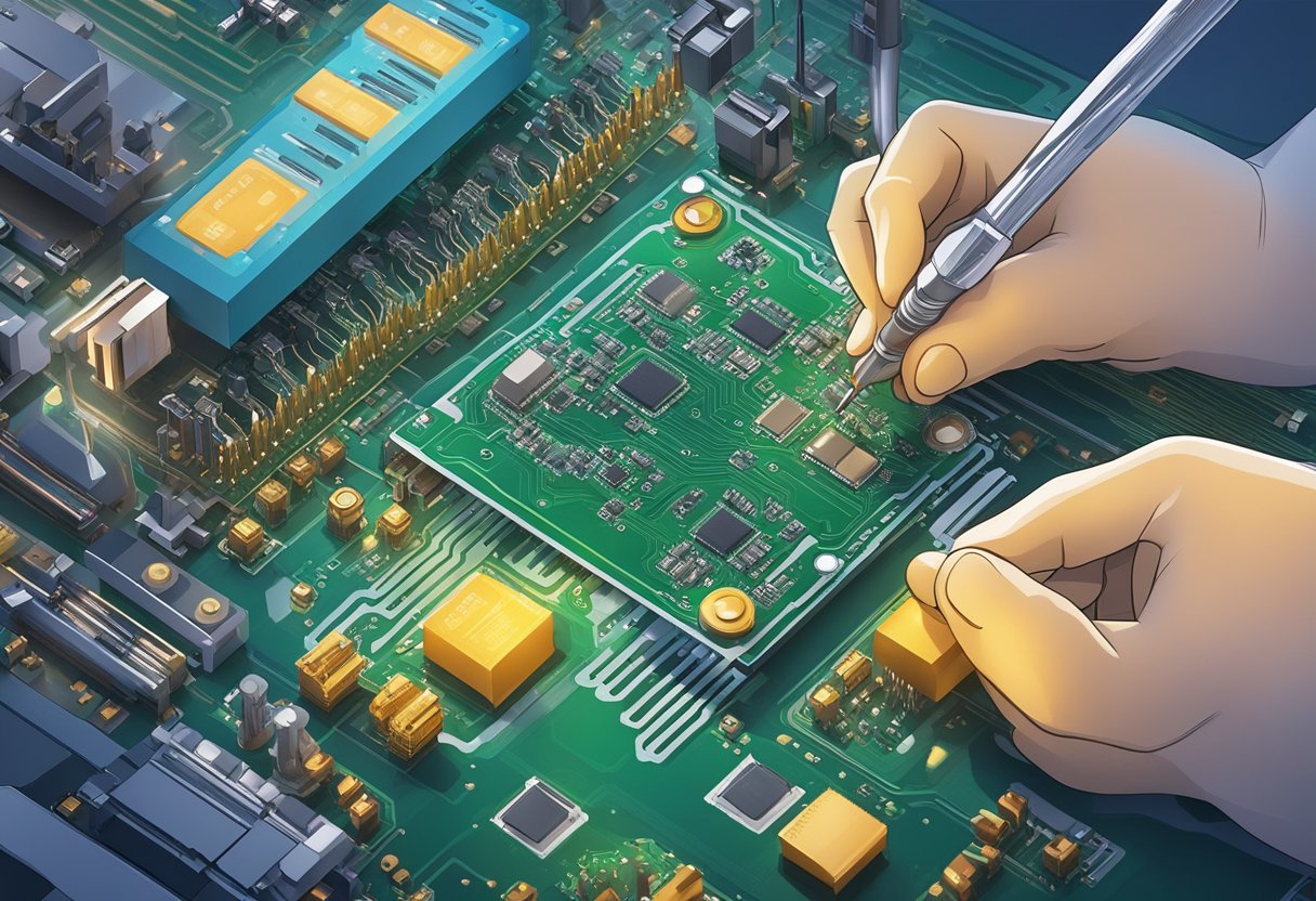 Multiple electronic components being carefully soldered onto a printed circuit board within a clean and organized aerospace assembly environment