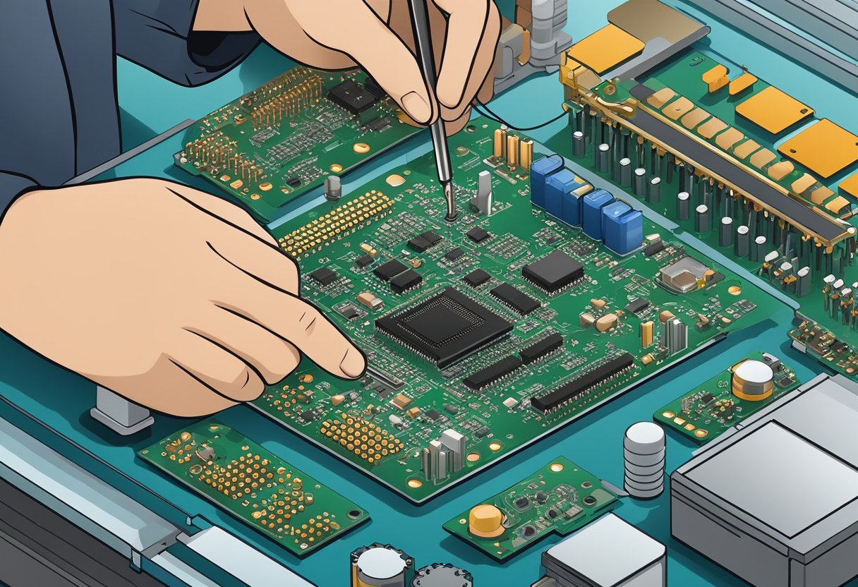 Components being placed onto a printed circuit board, soldered, and inspected for quality in a manufacturing facility