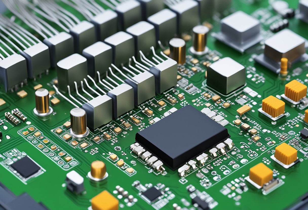 Various electronic components such as resistors, capacitors, and integrated circuits are carefully placed and soldered onto a printed circuit board in a manufacturing facility