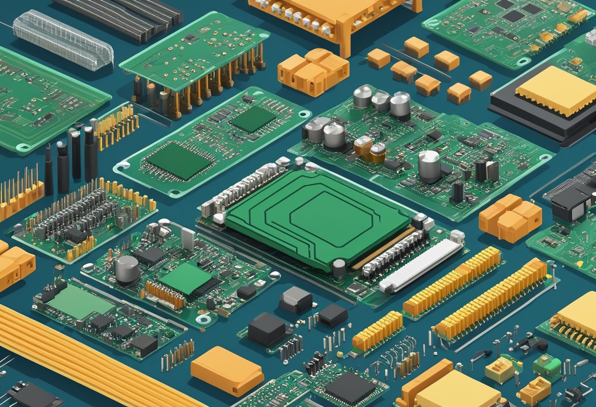 Various types of printed circuit boards, with components like resistors, capacitors, and microchips, are arranged on a workbench for assembly