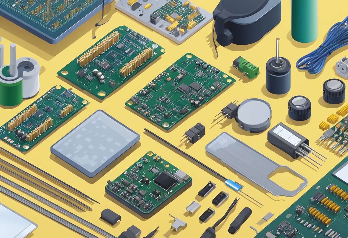 PCB components arranged on a workbench, soldering iron and equipment ready for assembly