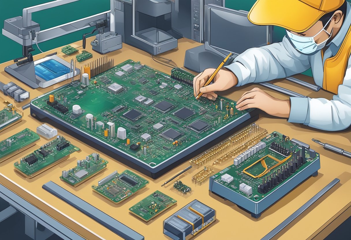 A technician assembles PCB components with precision and care, following detailed instructions and using specialized tools and equipment