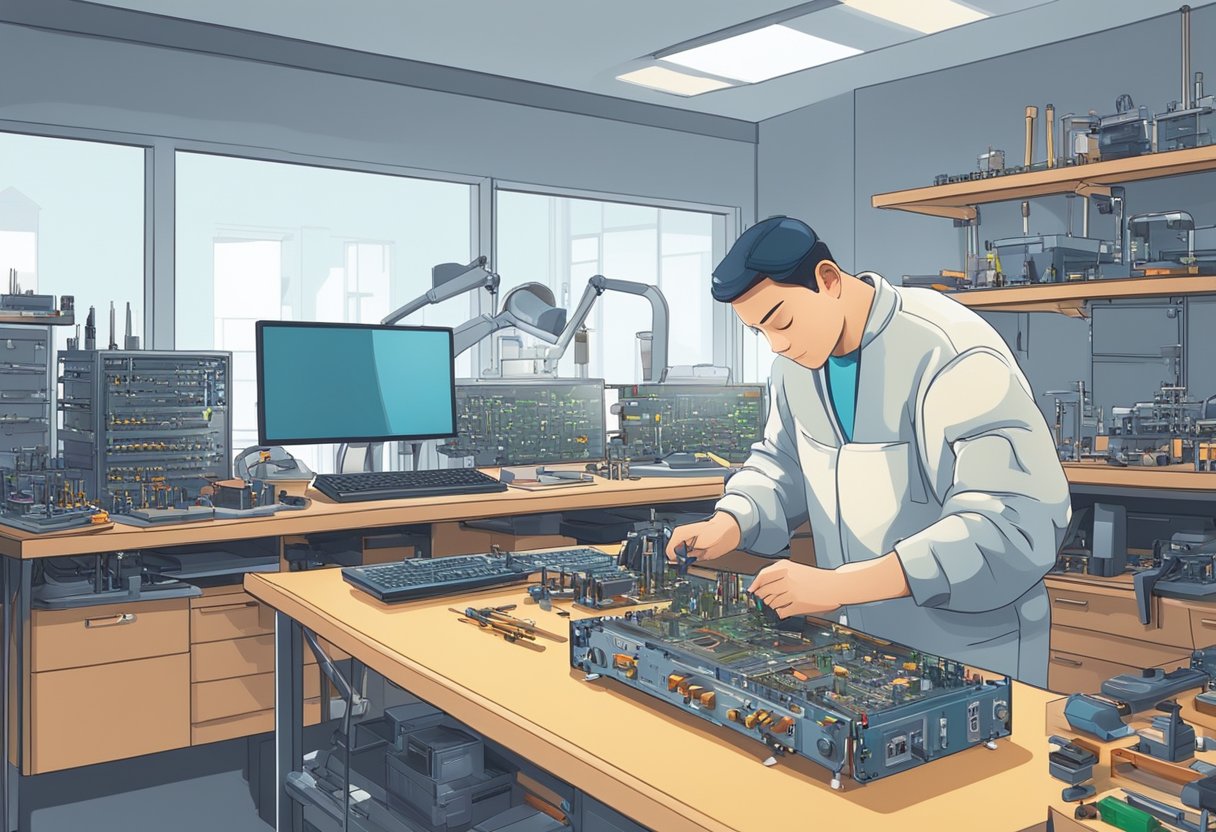 A technician carefully assembles PCB components on a workbench, surrounded by various tools and equipment. The room is well-lit, with shelves of neatly organized parts in the background