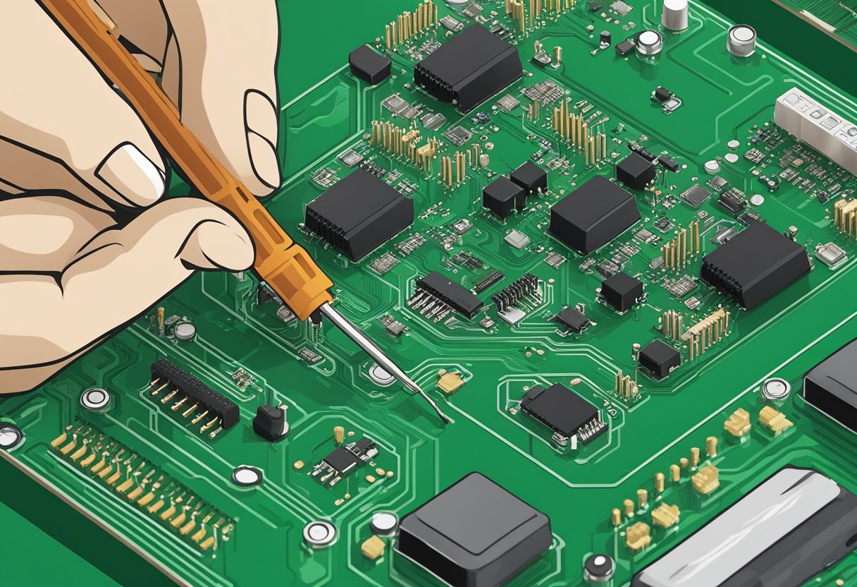 A technician soldering components onto a green LG PCB assembly board