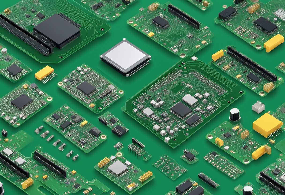 Multiple electronic components being assembled on a green LG PCB board